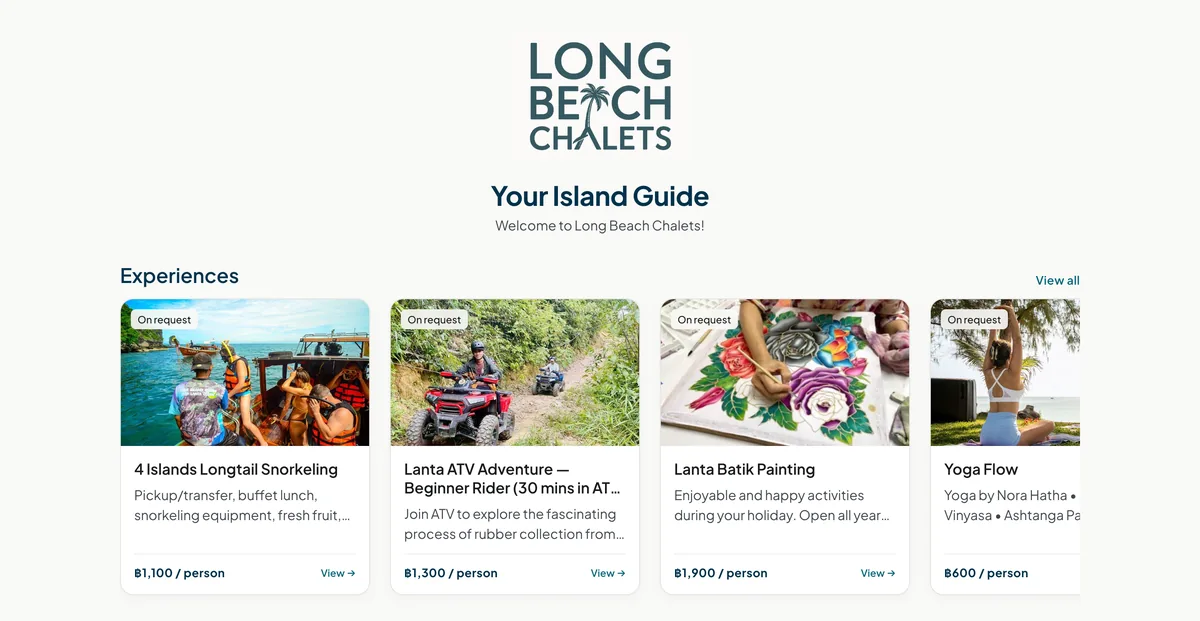 The Long Beach Chalets Experiences site: the hotel's own logo above a row of bookable activities — 4 Islands Longtail Snorkeling at ฿1,100 per person, Lanta ATV Adventure at ฿1,300, Lanta Batik Painting at ฿1,900 and Yoga Flow at ฿600.